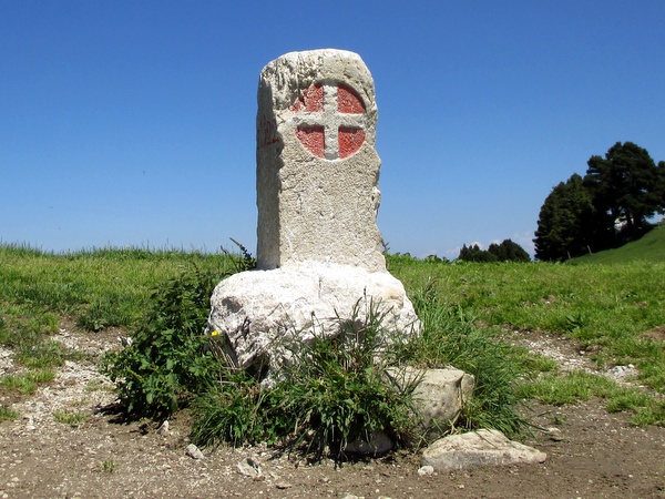 Photograph of an 1822 boundary stone between the Kingdom of Sardinia's Savoy territory and France on Col de l'Alpe