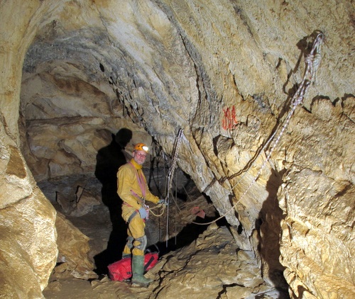 Photograph of Trou du Glaz - The top of the First Lantern Shaft. Photo: Pete Monk