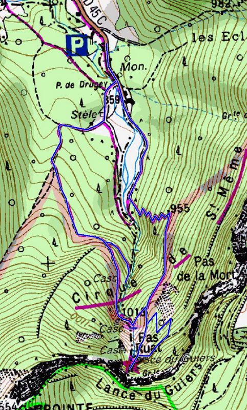 Map showing route for the tour of the Cirque Saint Même (Map: IGN 1:25,000 3333 OT)