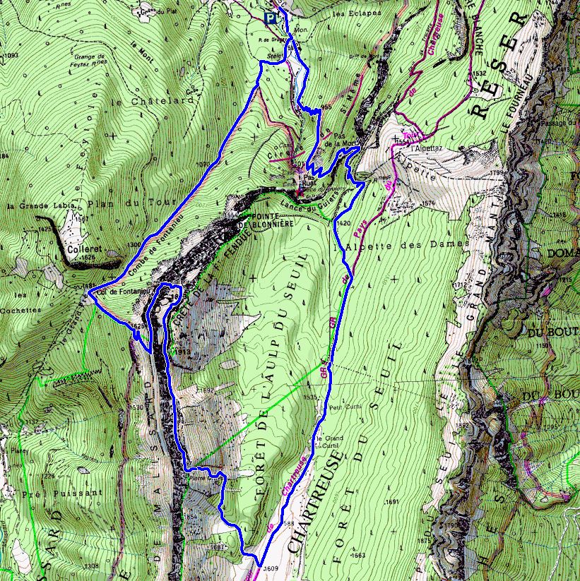 Map Showing route onto l'Aup du Seuil via Pas de la Mort and the Roman Inscription (Map: IGN 1:25,000 3333 OT & 3334 OT)