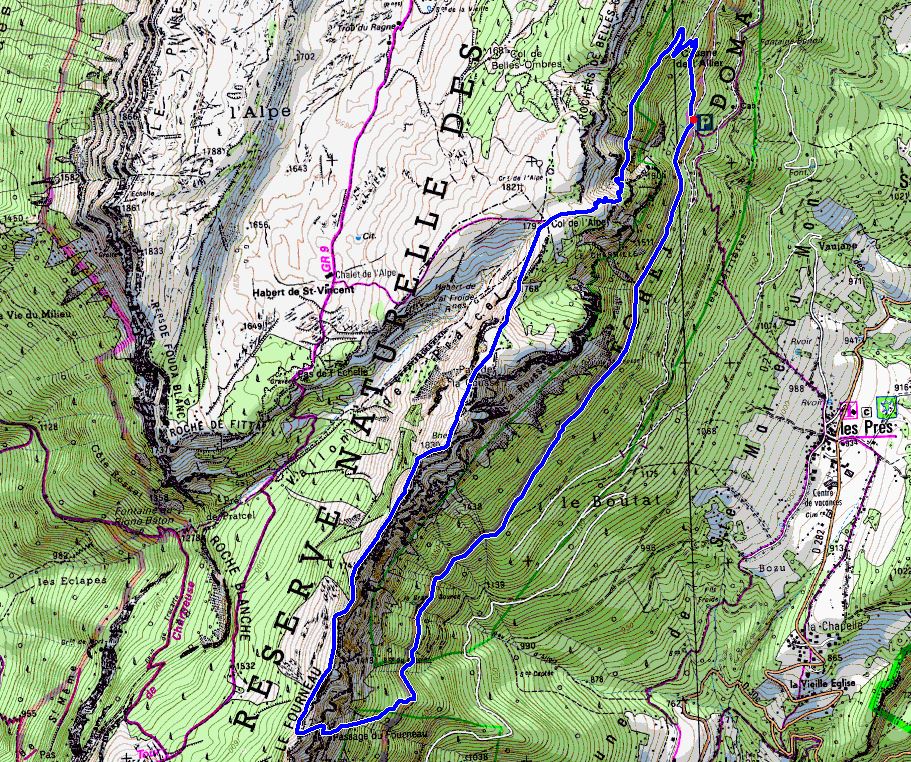 Map showing Pas du Fourneau route from Pré Orcel (Map: IGN 1:25,000 3333 OT)