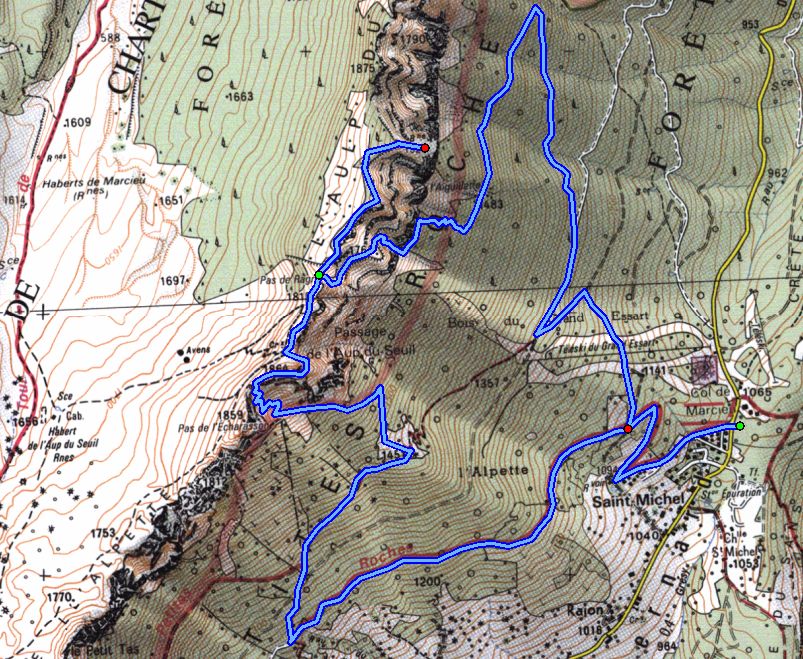 Map showing route from Col Marcieu to Pas Ragris and Passage de l'Aup du Seuil  (Map: IGN 1:25,000 3333 OT)