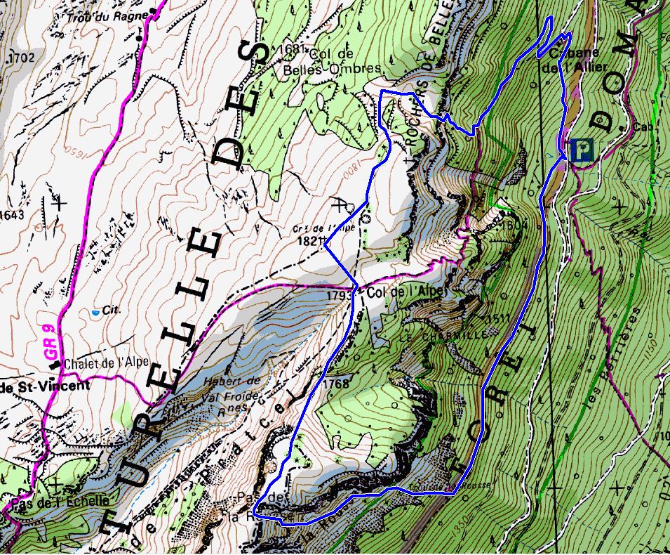 Map showing Pas de la Rousse route from Pré Orcel (Map: IGN 1:25,000 3333 OT)