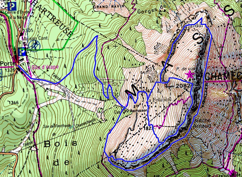 Map Showing Walks on Chamechaude (Map: IGN 1:25,000 3334 OT