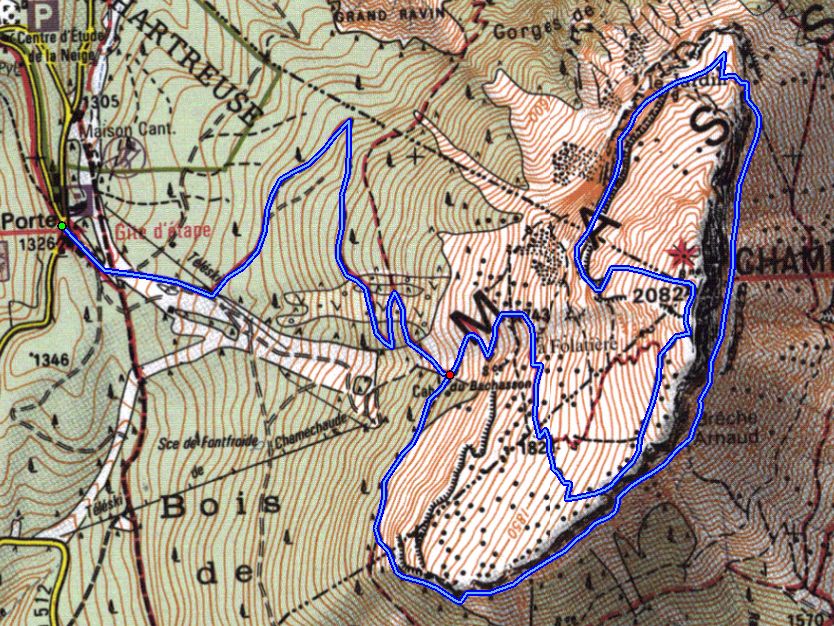 Map showing the ascent of Chamechaude from the Col de Porte via la Jardin (Map: IGN 1:25,000 3334 OT)