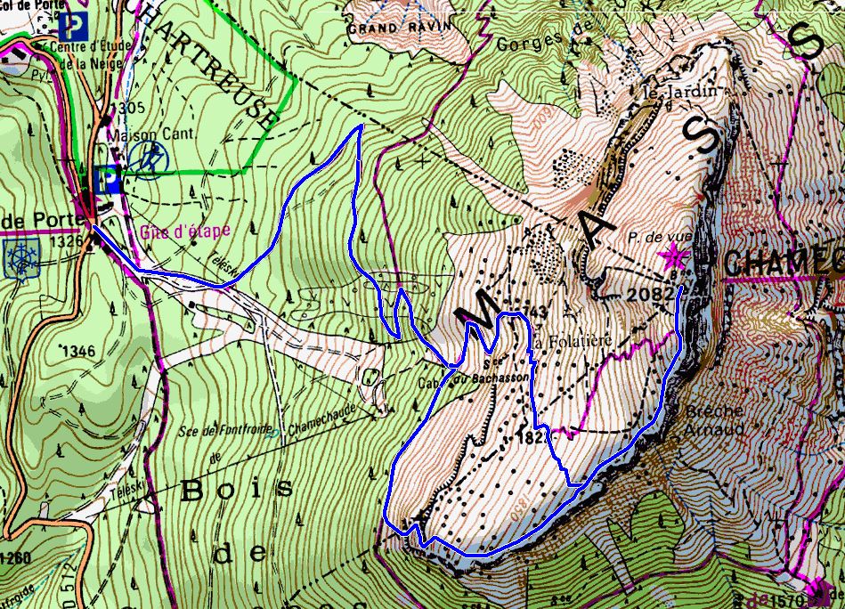 Map showing the ascent of Chamechaude via the South-East Ridge (Map: IGN 1:25,000 3334 OT)