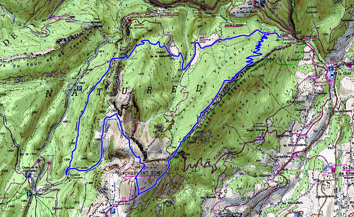 Map showing ascent of Charmant Som from Porte d'Enclos (Map: IGN 1:25,000 3334 OT)