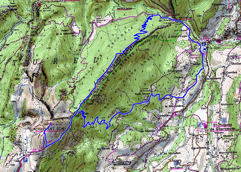 Map showing ascent of Charmant Som from la Diat (Map: IGN 1:25,000 3334 OT)
