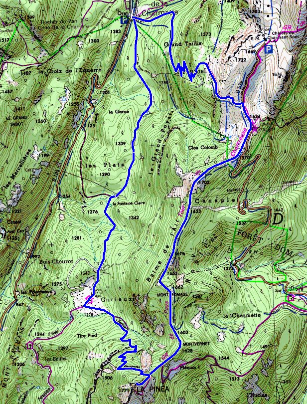 Map showing ascent of la Pinéa from the Chalets de Charmant Som (Map: IGN 1:25,000 3334 OT)