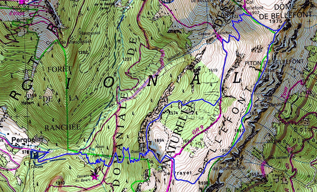 Map showing route from Perquelin to Dôme de Bellefont (Map: IGN 1:25,000 3334 OT)