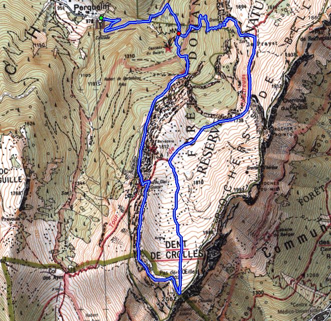 Map showing the Route to Dent de Crolles via the Guiers Mort (Map: IGN 1:25,000 3334 OT)