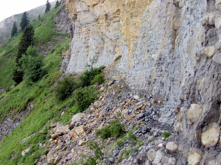 Photograph of a recent rockfall across the Pas des Terraux, Dent de Crolles