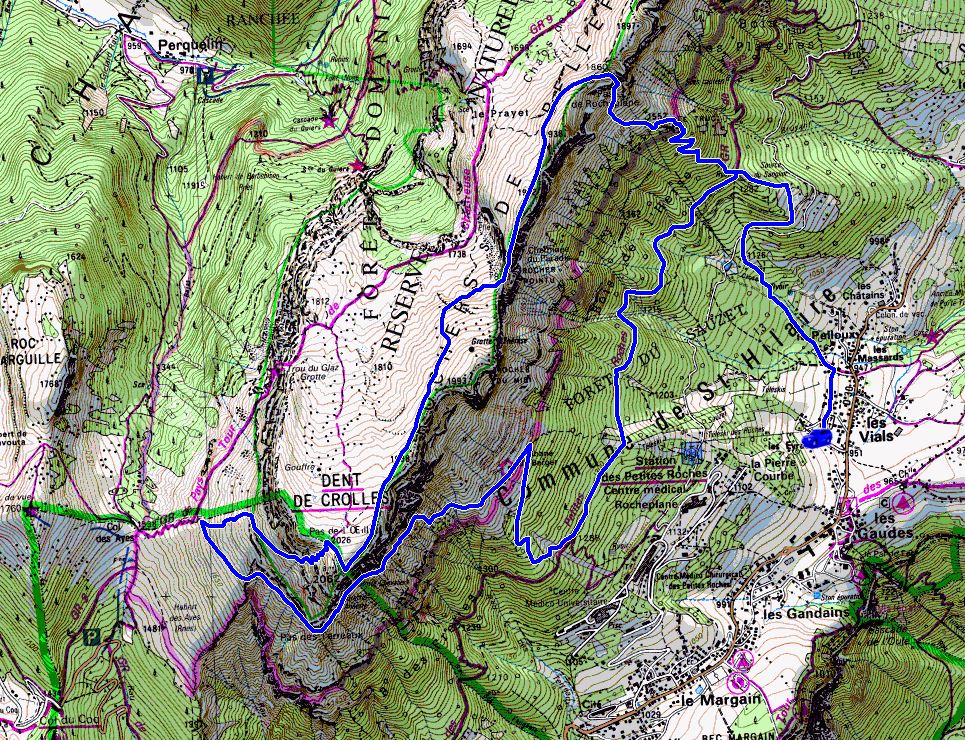 Map showing the Route to Dent de Crolles via the Pas de Rocheplan (Map: IGN 1:25,000 3334 OT)