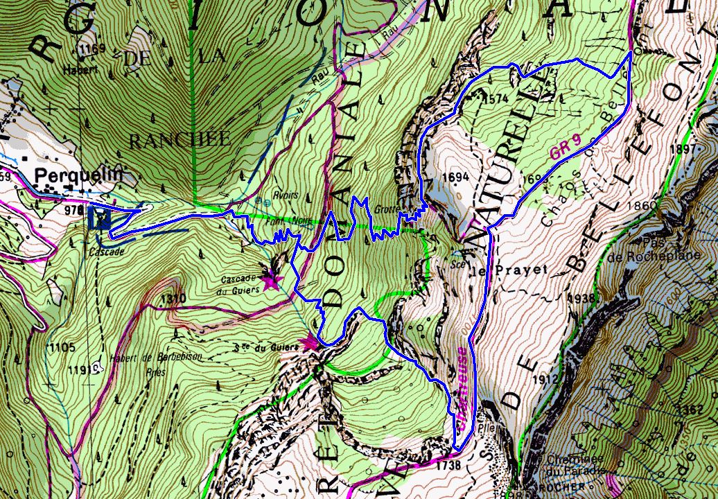 Map showing the route up the Cirque Sans Nom from Perquelin (Map: IGN 1:25,000 3334 OT
