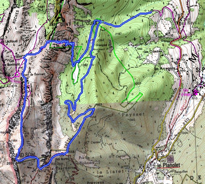 Map showing route for the ascent of Grand Som from les Reyes (Map: IGN 1:25,000 3333 OT & 3334 OT)