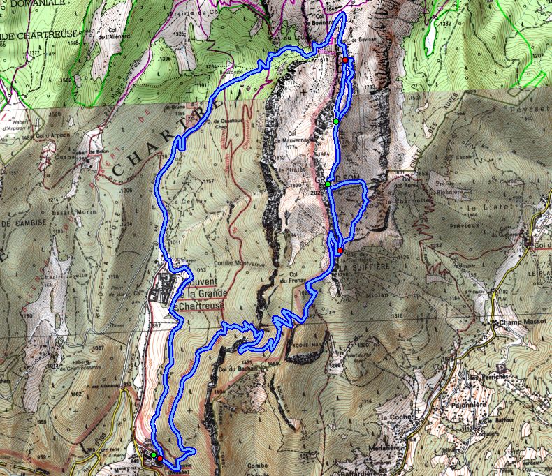 Map showing route for the ascent of Grand Som from la Correrie (Map: IGN 1:25,000 3333 OT & 3334 OT