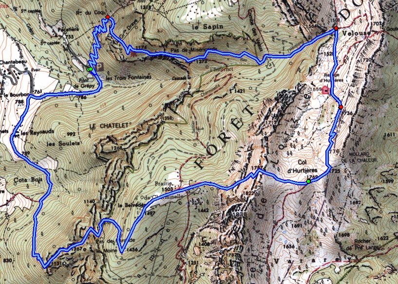 Map of the Ascent of Col d'Hurtières, via the Pas de l'Aronde (Map: IGN 1:25,000 3334 OT)