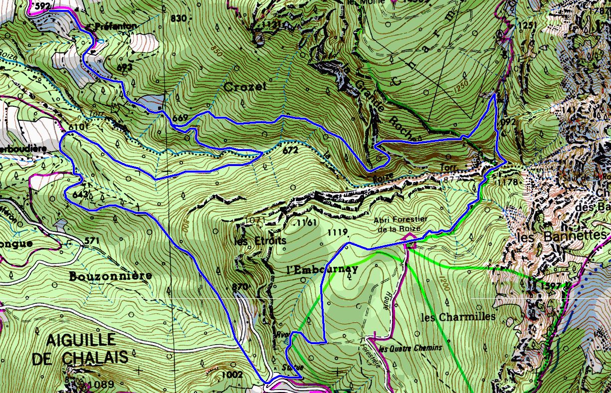 Map of the Les Echelles de Charminelle route (Map: IGN 1:25,000 3334 OT)
