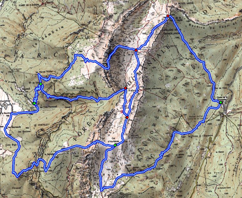 Map of the Grande Sure Area, showing routes from les Trois Fontaines and the Col de la Charmette  (Map: IGN 1:25,000 3334 OT)