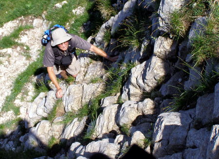 Photograph of scrambling up the West Chimney on la Grande Sure, Chartreuse