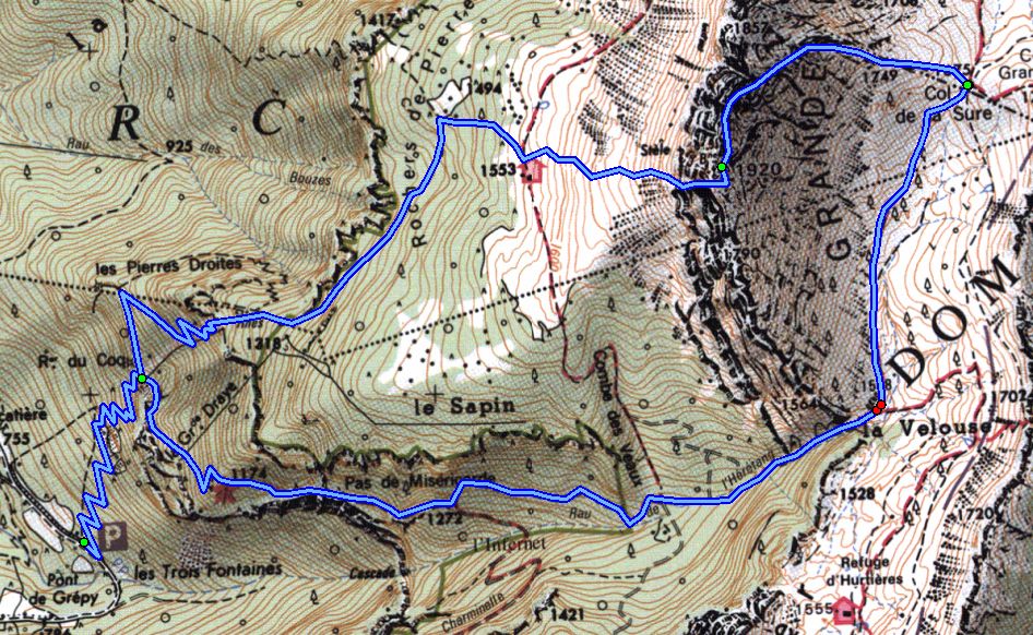 Map of the ascent of the Grande Sure via the West Chimney