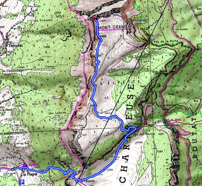 Map showing the ascent of Mont Granier via col l'Alpette and Pas des Barres (Map: IGN 1:25,000 3333 OT)