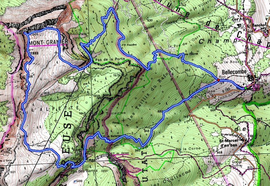 Map showing the ascent of Mont Granier from Bellecombe (Map: IGN 1:25,000 3333 OT)