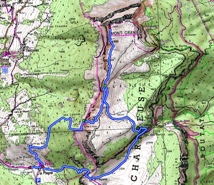 Map showing the ascent of Mont Granier via La Grotte Colon (Map: IGN 1:25,000 3333 OT)