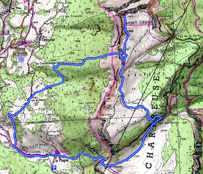 Map showing the ascent of Mont Granier via the West Chimney (Map: IGN 1:25,000 3333 OT)