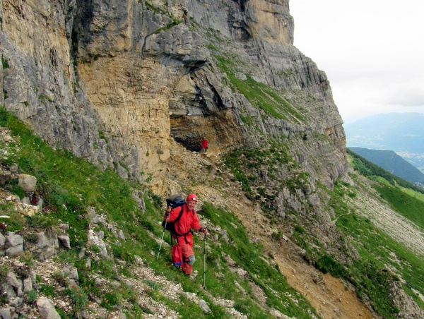 Photograph of the traverse between the Grotte Chevalier (behind) and the Grotte Annette - Photo: Dave Checkley