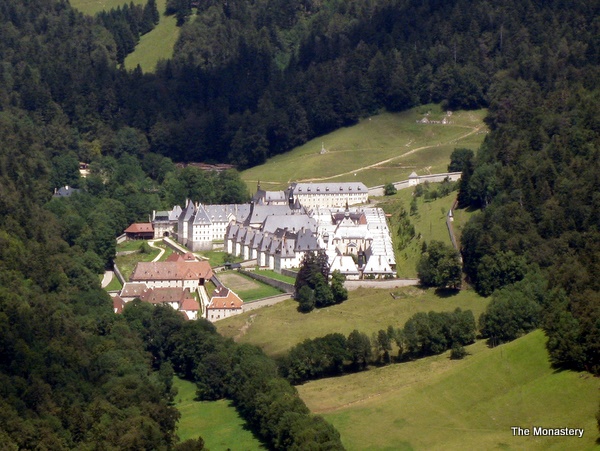 Photograph of the monastery from the path below the Arête de Bérard, Charmant Som