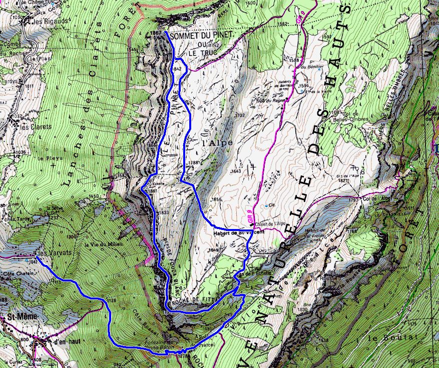 Map showing the ascent of l'Alpe via the Fouda Blanc sangle (Map: IGN 1:25,000 3333 OT)
