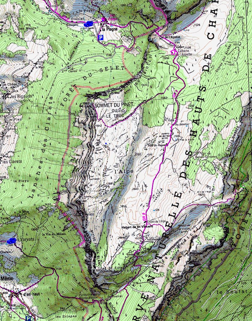 An area map of l'Alpe showing the two starting places used (Map: IGN 1:25,000 3333 OT)