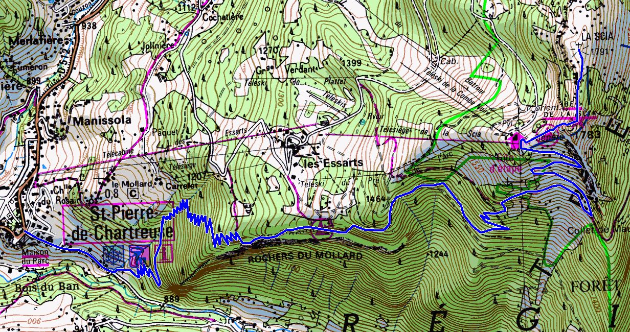 Map showing the ascent of la Scia from St. Pierre de Chartreuse (Map: IGN 1:25,000 3334 OT)