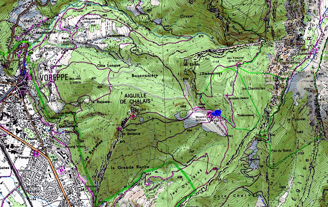 Map showing start of walks from Monastère de Chalais (Map: IGN 1:25,000 3334 OT)