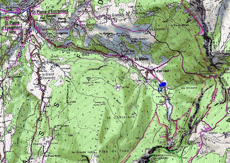Map showing start of walks from Cirque de St. Même (Map: IGN 1:25,000 3333 OT)