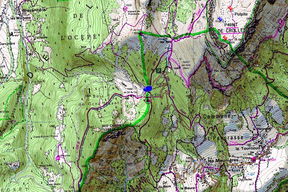 Map showing start of walks from Col du Cog (Map: IGN 1:25,000 3334 OT)