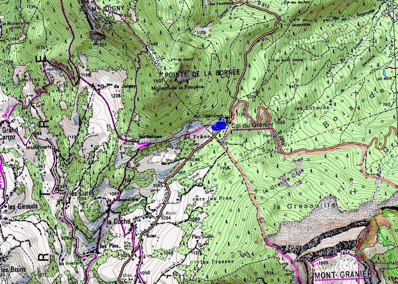 Map showing start of walks from col du Granier (Map: IGN 1:25,000 3333 OT)