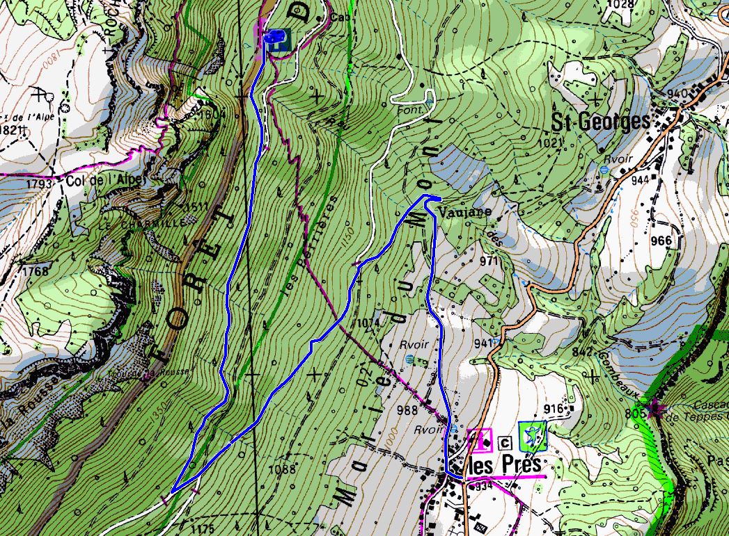 Map showing start of walks from Pré Orcel (Map: IGN 1:25,000 3333 OT)