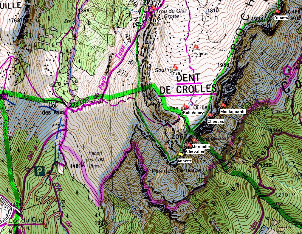 Map of Dent de Crolles showing position the of Grotte Annette Bouchacourt on the IGN 1:25000 map 3334OT.
The actual location is about 100 metres SW of the IGN-marked location.
