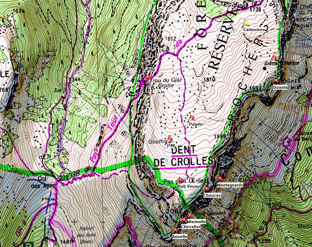 Map of Dent de Crolles showing location of Puits des Cartusiens on the IGN 1:25000 map 3334OT.