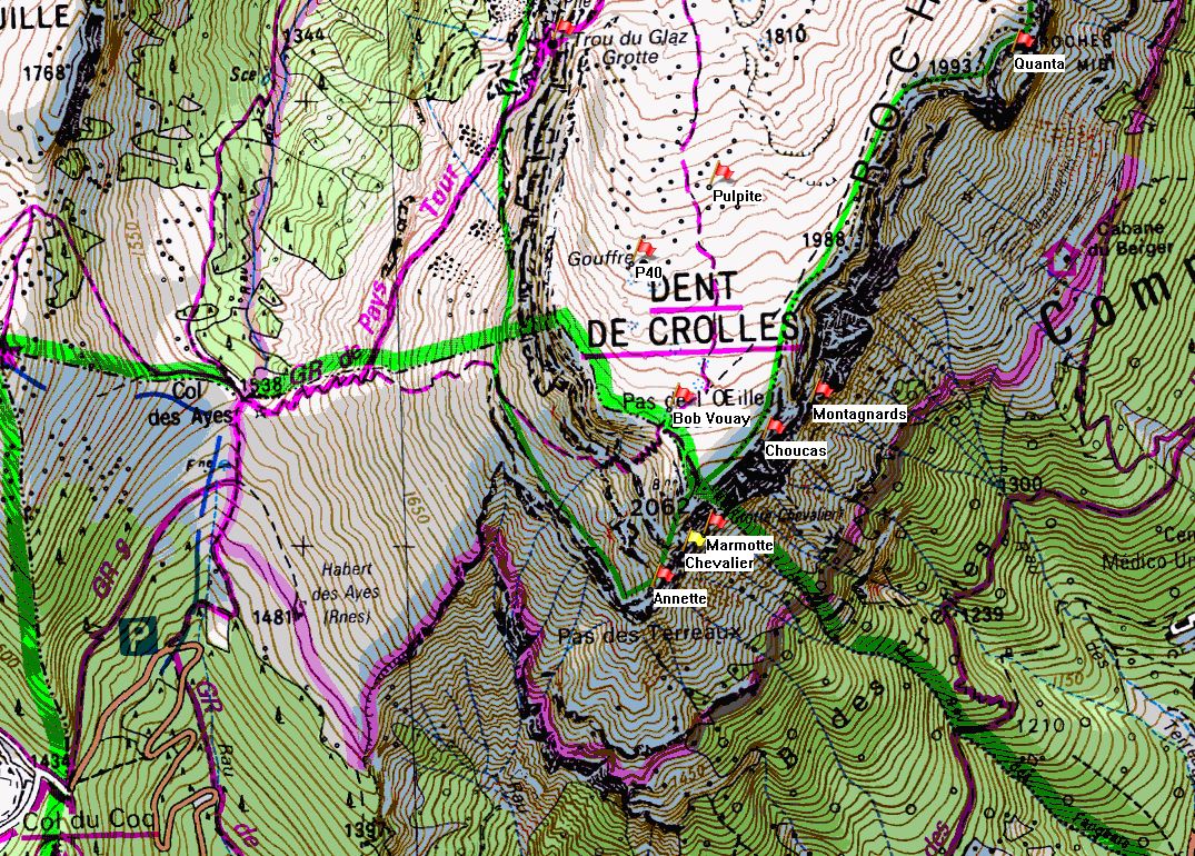 Map of Dent de Crolles showing location of Grotte Chevalier on the IGN 1:25000 map 3334OT.
