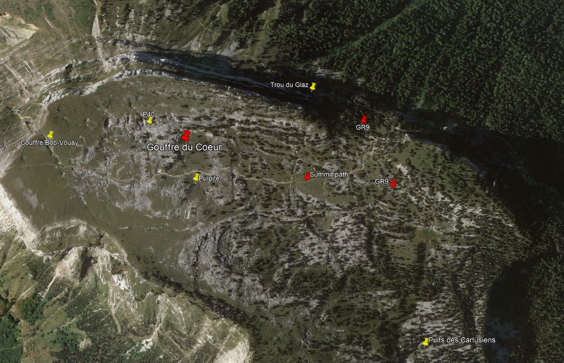 Showing the location of Gouffre du Coeur on Google Earth.
