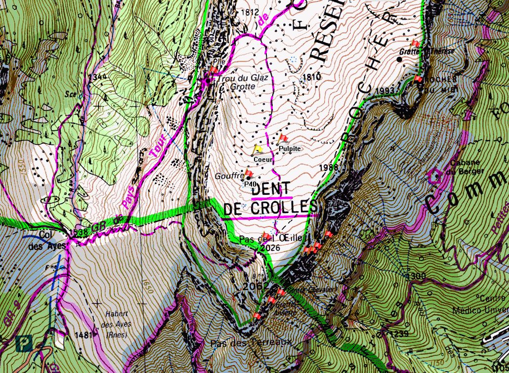 Map of Dent de Crolles showing position the of Gouffre du Coeur on the IGN 1:25000 map 3334OT