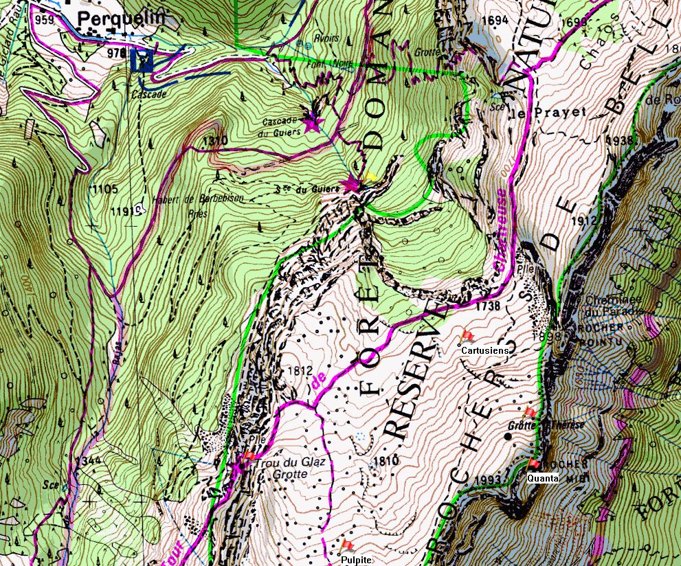 Map of Dent de Crolles showing the location of Grotte du Guiers Mort on the IGN 1:25000 map 3334OT.