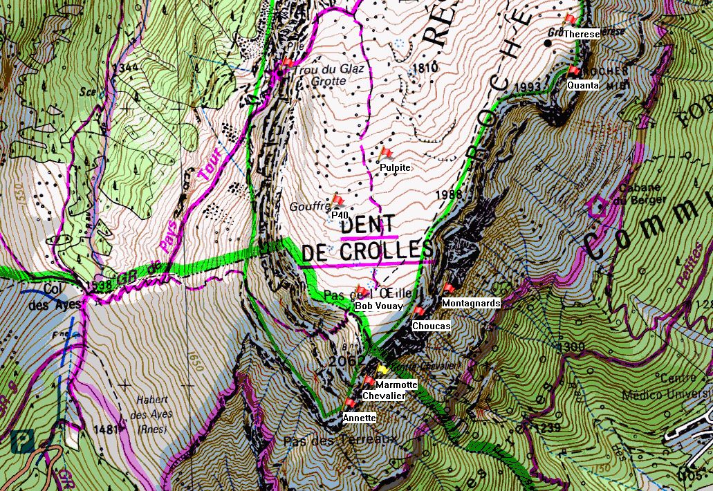 Map of Dent de Crolles showing position the of Méga Maxi Marmotte on the IGN 1:25000 map 3334OT