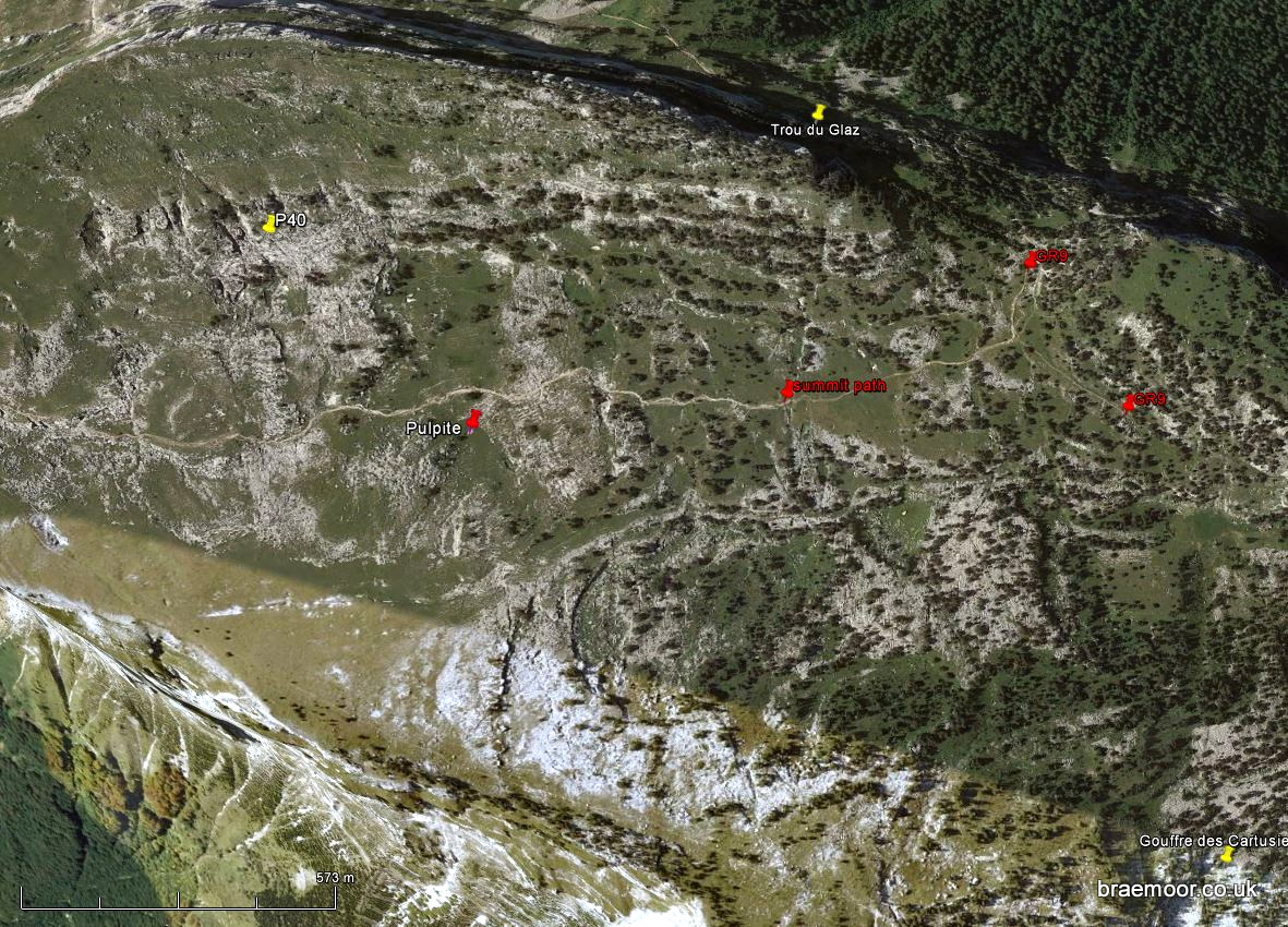 Location of Gouffre de la Pulpite Irréversible on Google Earth - north is to the right