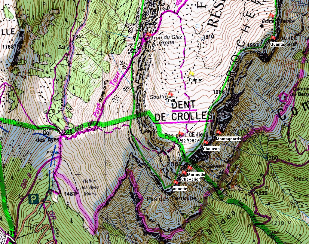 Map of Dent de Crolles showing position of Gouffre de la Pulpite Irréversible on the IGN 1:25000 map 3334OT.