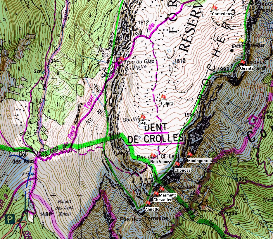 Map of Dent de Crolles showing position of Gouffre Thérèse on the IGN 1:25000 map 3334OT.