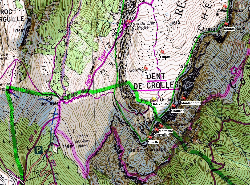 Map of Dent de Crolles showing position of Gouffre Bob Vouay on the IGN 1:25000 map 3334OT.
